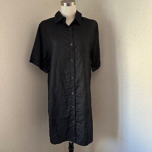 TROIS Linen Shirt Dress Front Buttons Collar Short Sleeve Lightweight Minimalist